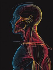 Poster - Muscle groups illustrated in color-coded lines over a black background showcasing anatomy in a modern medical style