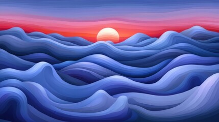Poster - Painting of a blue ocean with a sun in the sky. The sun is setting and the sky is a mix of pink and blue. The ocean is calm and peaceful, with no waves or ripples