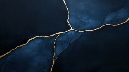 Poster - Painting of a broken line in blue with gold accents. The painting has a mood of destruction and chaos