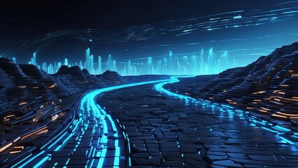 A futuristic, curving digital road composed of glowing blue binary code on a dark background