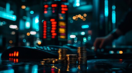 Poster - Pile of gold coins sits on a table in front of a computer keyboard. The coins are shiny and reflect the light from the computer screen. The scene suggests a moment of contemplation or focus