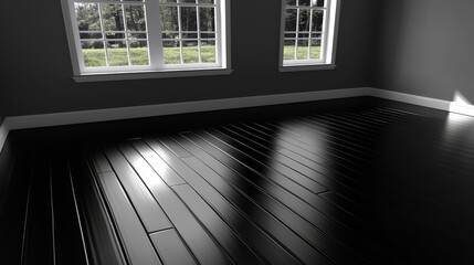 Aufkleber - Room with a black floor and two windows. The room is empty and the windows let in light