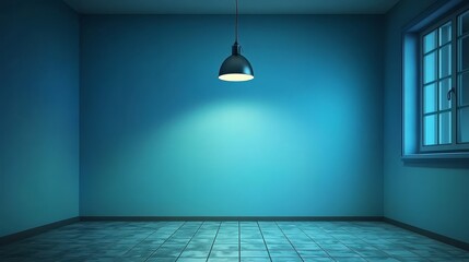 Poster - Room with a blue wall and a light hanging from the ceiling. The room is empty and has no furniture