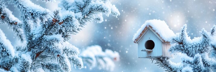 Aufkleber - Little birdhouse nestled among snow-covered pines creating a pastel winter fairytale atmosphere