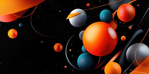 Poster - Abstract colorful orbs in cosmic setting, a vibrant display of geometric shapes and dynamic lines.