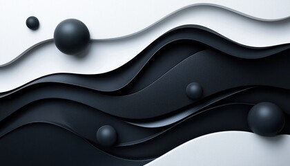 Poster - Black and white flowing layers with spherical accents create a modern, abstract visual harmony.