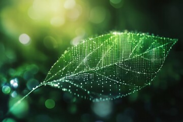 Poster - Green leaf transitioning into digital pixels illustrating the fusion of nature and technology in an abstract setting