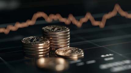 Poster - Coins stacked on a dark surface with a rising stock market graph in the background during evening hours