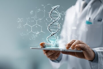 Doctor using digital tablet with futuristic dna interface concept display