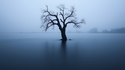 Poster - Tree is floating in a lake with a misty sky in the background. The scene is serene and peaceful, with the tree standing out as a lone figure in the water