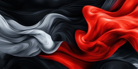 Poster - Abstract flowing waves of red, grey and black converge in a dynamic, contrasting, elegant visual form.