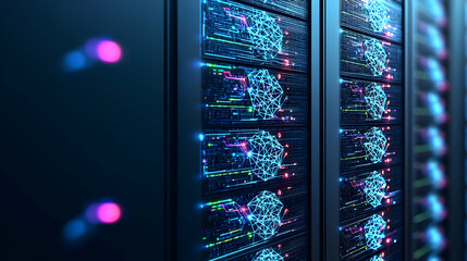 Poster - Data Center Server Racks With Glowing Network Graphics