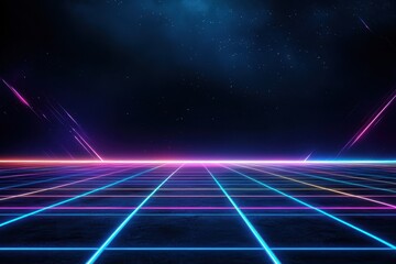 Poster - A neon grid against a starry cosmic background creates a vibrant, retro-futuristic landscape. Retro and stylish.