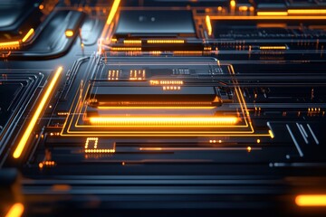 Poster - Futuristic circuit board design featuring glowing orange lines and components on a dark, sleek surface.