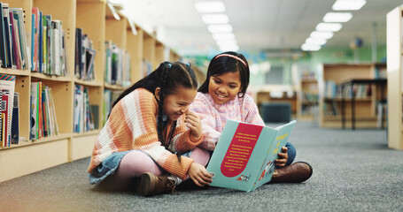 Aufkleber - Girl, together and happy with book at library for development, learning and study on floor. School kids, storytelling and excited with scholarship, education and language with reading at academy