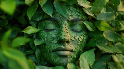 Poster - Harmonious blend of human face and nature illustrated through leaves and petals in vibrant green tones
