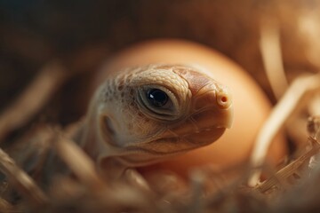 Poster - close-up of hatchling breaking out of its shell delicate textures highlighted by warm lighting creat