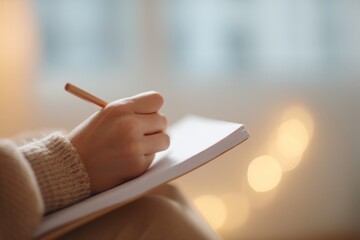 Poster - close-up shot of serene therapist hand holding notepad with room soft light creating peaceful ambian