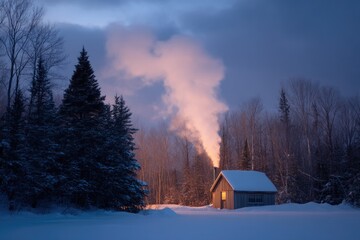 Poster - cozy sugar shack with smoke rising against twilight sky surrounded by snow and maple trees creating 