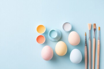 Poster - creative flat lay of easter crafting materials including paints brushes and blank eggs arranged neatly on light background