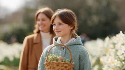 Poster - family gathered outdoors for easter celebrations young boy holding basket of eggs their laughter and