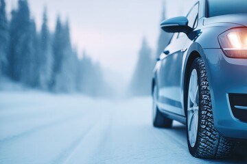 Poster - serene depiction of parked car with fresh winter tires framed against snowy landscape ensuring balanced composition