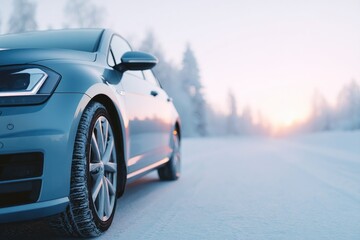 Poster - serene depiction of parked car with fresh winter tires framed against snowy landscape ensuring balanced composition