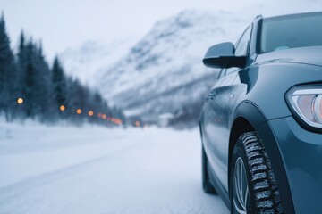 Poster - serene depiction of parked car with fresh winter tires framed against snowy landscape ensuring balanced composition