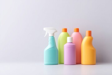 Poster - set of bright multi-colored cleaning bottles and tools arranged artistically on plain white background with generous