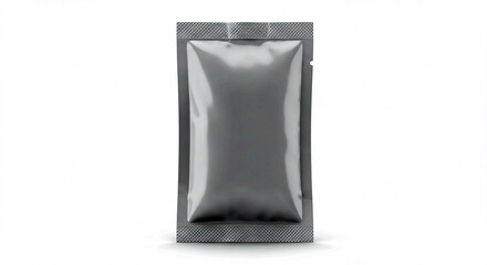 Aufkleber - Single foil packet. Silver package reflects light. Small shiny pouch lies flat. Blank container on white. Simple sealed bag shows shadow. Plain monochrome packing. Food sample or small product. 