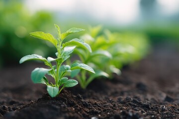 Poster - rooted seedlings freshly transplanted into neat rows with earthy soil clinging to their roots under 