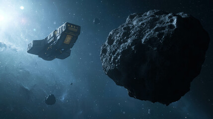 Wall Mural - Futuristic Spaceship Navigates Through Asteroid Belt in Deep Outer Space Environment