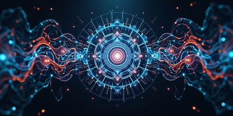 Poster - Bold tech-inspired abstract of layered dimensional shapes, glitch effects, data visuals