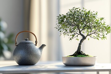 Wall Mural - Peaceful Mother's Day tea with a bonsai tree gift and a stoneware tea pot on a minimalist Japanese style table.