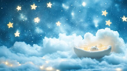Poster - Dreamy cradle floating in soft clouds surrounded by twinkling stars creating a serene bedtime atmosphere perfect for relaxation