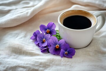 Wall Mural - Peaceful Mother's Day morning tableau with a cup of black coffee and a cluster of violets on a soft, muted tablecloth.