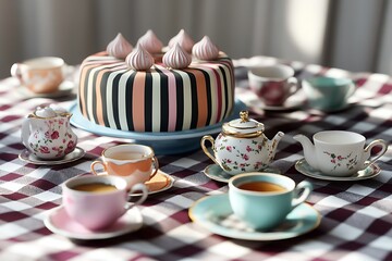 Wall Mural - Playful Mother's Day tea party with a striped cake and assorted teacups on a checkered cloth, evoking a sense of fun and whimsy.