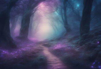 Wall Mural - fairytale cyan purple lighting fantasy digital magical forest light pathway painting landscape delic
