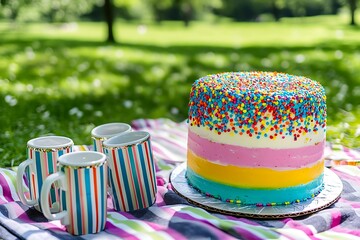 Wall Mural - Playful Mother's Day gathering with a brightly colored funfetti cake and matching striped coffee mugs on a picnic blanket in the park.