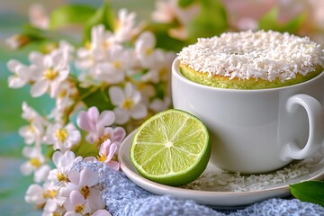 Wall Mural - Refreshing Mother's Day morning with a lime and coconut cake paired with a white ceramic mug of green tea, set against a backdrop of spring flowers.