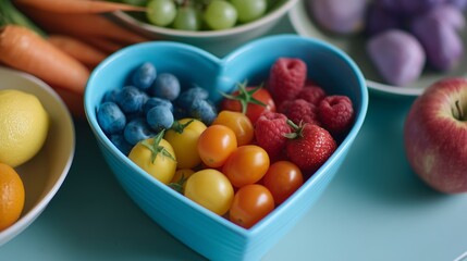 Poster - colorful heart-shaped bowl filled with assorted fruits placed on a blue table surrounded by more fre