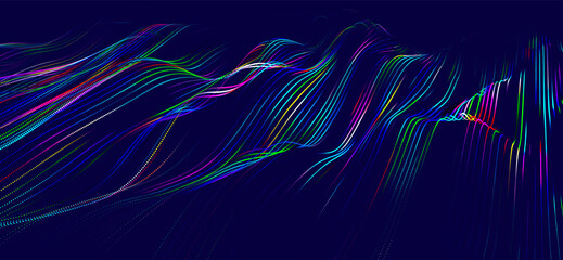 Wall Mural - Multicolored wave of glowing dots. Futuristic dot wave of bright particles, on dark background. Interweaving effect. Futuristic background for presentation design. 3d rendering.