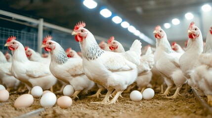 Poster - Many white hens standing on the ground in a chicken coop, with some eggs scattered around, illuminated by artificial lighting, evoke themes of organic farming and egg production