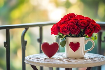 Wall Mural - Romantic Mother's Day morning with a red rose bouquet gift and a heart-shaped mug on a quaint balcony table.