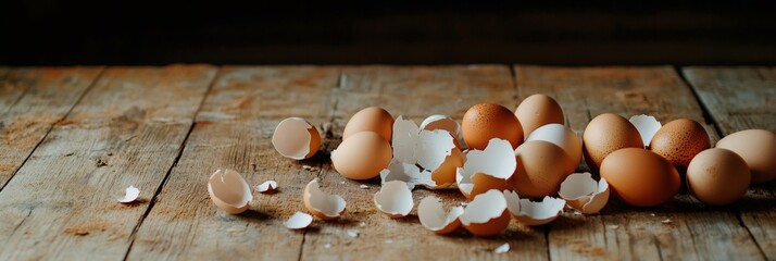 Aufkleber - Numerous brown chicken eggs and broken eggshells are scattered across a weathered wooden table, creating a charming rustic scene evocative of farm fresh goodness and organic poultry farming