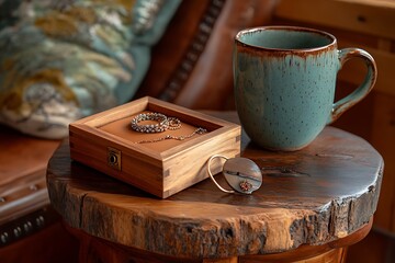 Wall Mural - Rustic Mother's Day tea with a wooden jewelry box gift and a ceramic mug on a reclaimed wood side table.