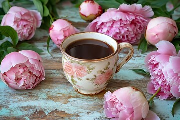 Wall Mural - Rustic Mother's Day breakfast with a ceramic cup of coffee surrounded by peonies on an antique wood table, capturing a timeless elegance.