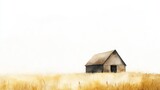 Serene Barn in Golden Field - A solitary barn stands in a vast golden field under a bright white sky, creating a peaceful and tranquil scene