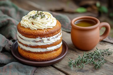 Wall Mural - Rustic Mother's Day setting with a carrot cake topped with cream cheese frosting and a clay mug of herbal tea on an oak table.