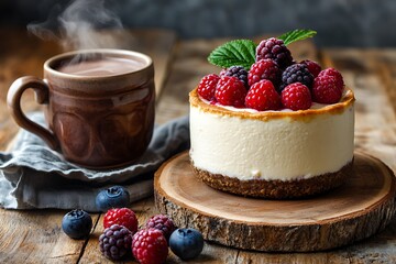Wall Mural - Rustic Mother's Day afternoon with a berry-topped cheesecake and a handcrafted mug of steamy hot chocolate on a reclaimed wood table.